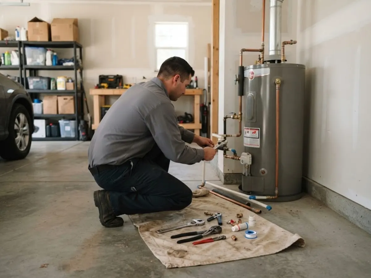 Plumber fitting water line connections on a gas water heater in a garage